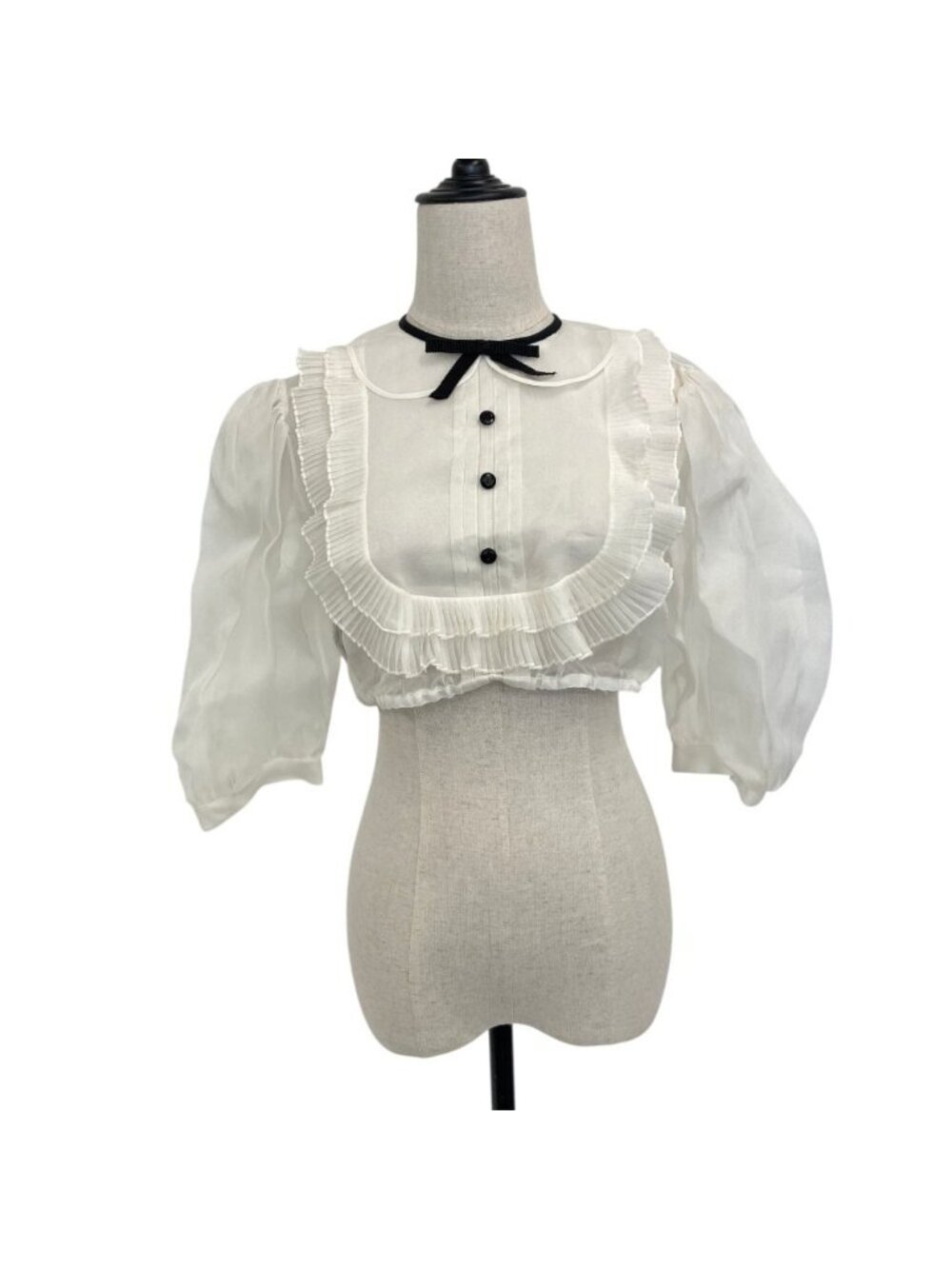 Miu Miu Puff Sleeve Cropped Sheer Ruffle Blouse 42 Off White